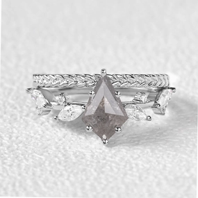 Kite Cut Salt and Pepper Diamonds Leaf Engagement Ring Set 2pcs Golden Hour