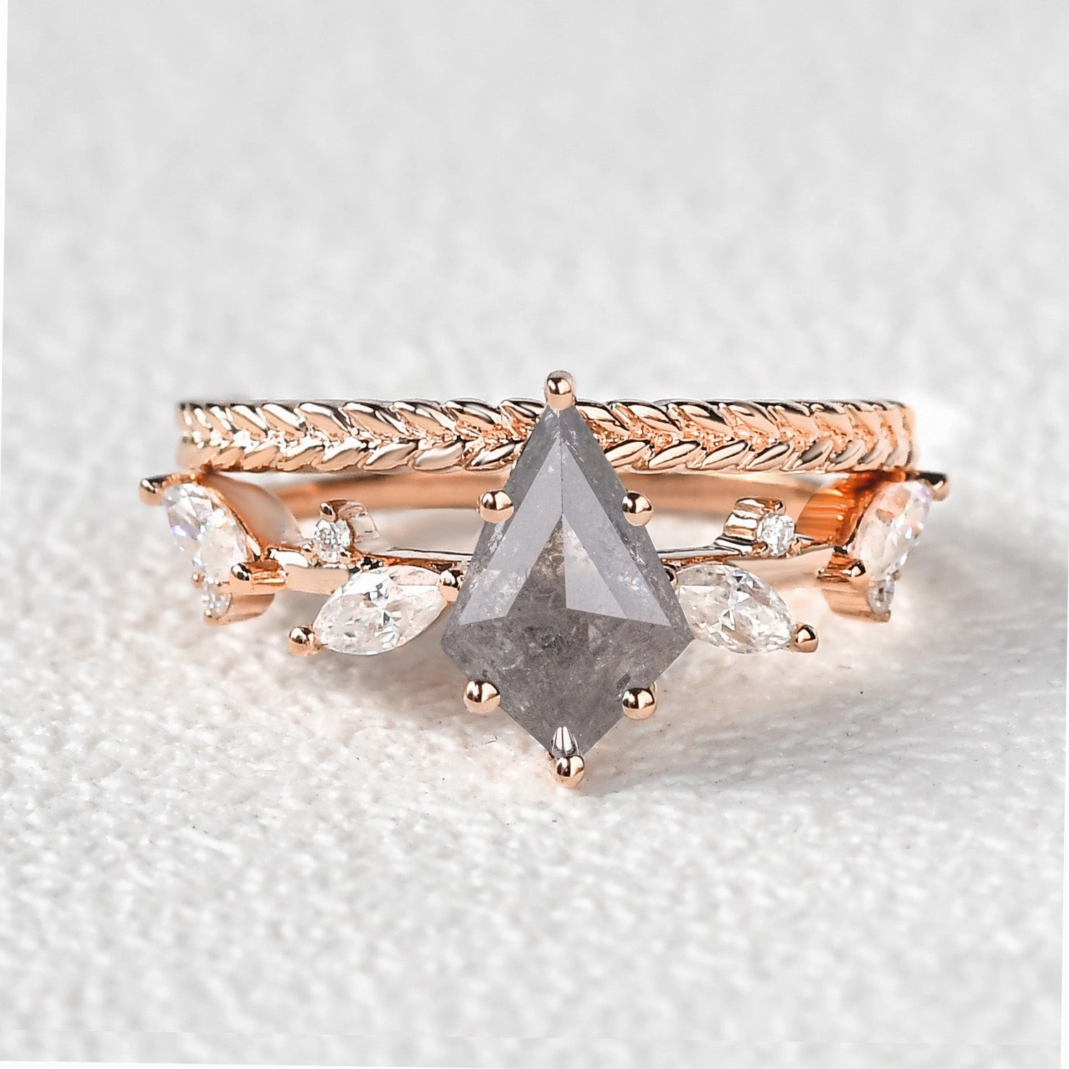 Urban Accent Shining Sparkle Kite Cut Salt and Pepper Diamonds Leaf Engagement Ring Set 2pcs