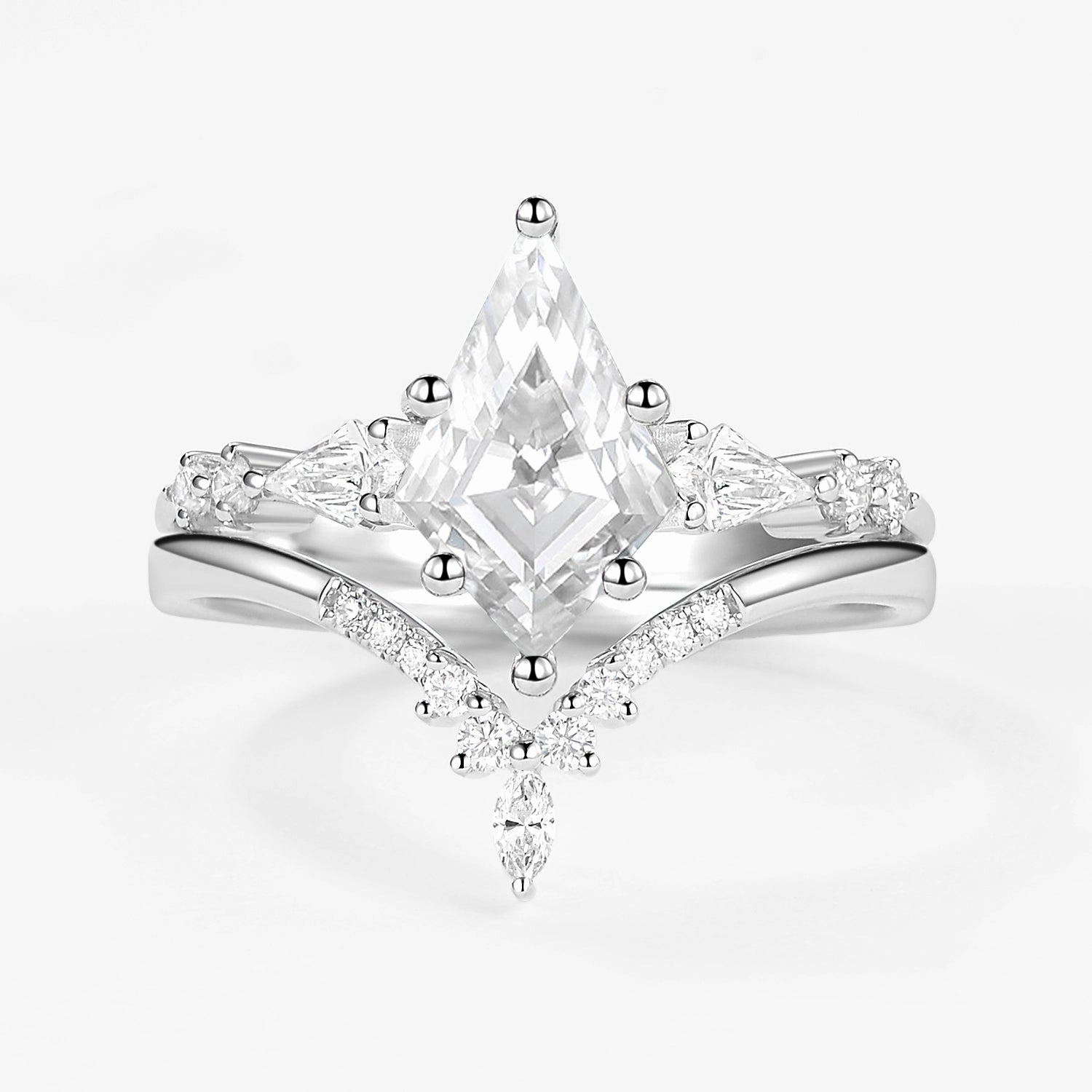 Minimal Feature Black Rutilated Quartz Three Kite Stone Engagement Ring Sets 2pcs