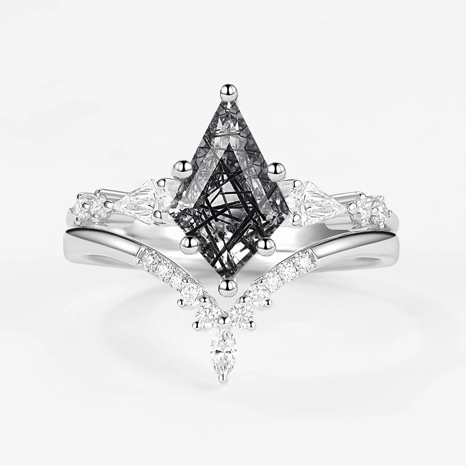 Sculpted Feature Black Rutilated Quartz Three Kite Stone Engagement Ring Sets 2pcs