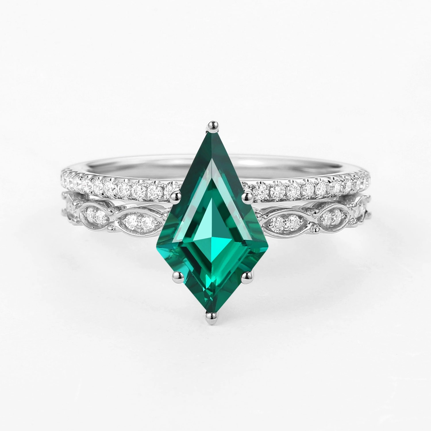 Green Kite Cut Lab Emerald Engagement Ring with Straight Band Set 2pcs Artistic Accent