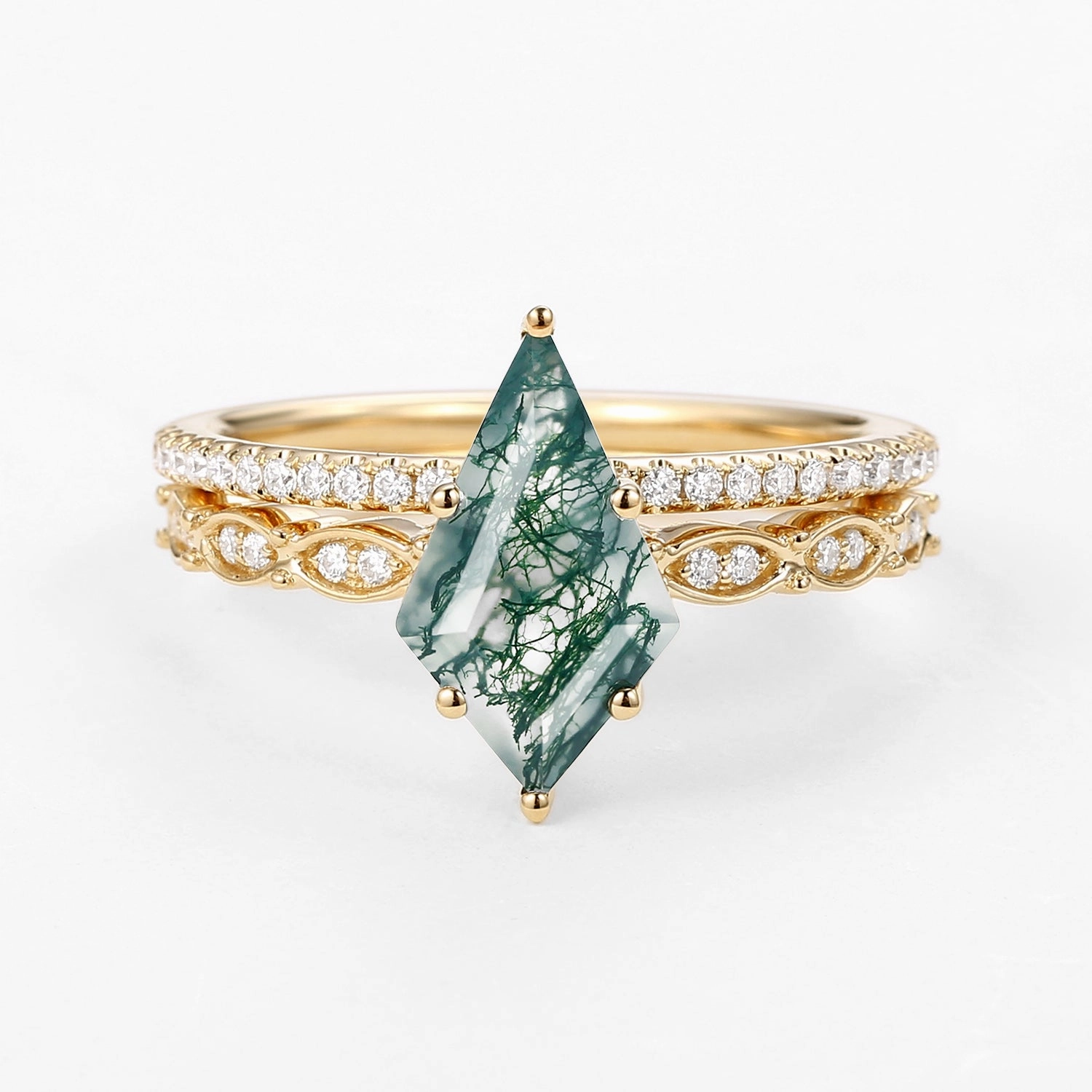 Green Kite Cut Lab Emerald Engagement Ring with Straight Band Set 2pcs Fashion Pop