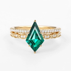 Celebration Look Warm Light Green Kite Cut Lab Emerald Engagement Ring with Straight Band Set 2pcs
