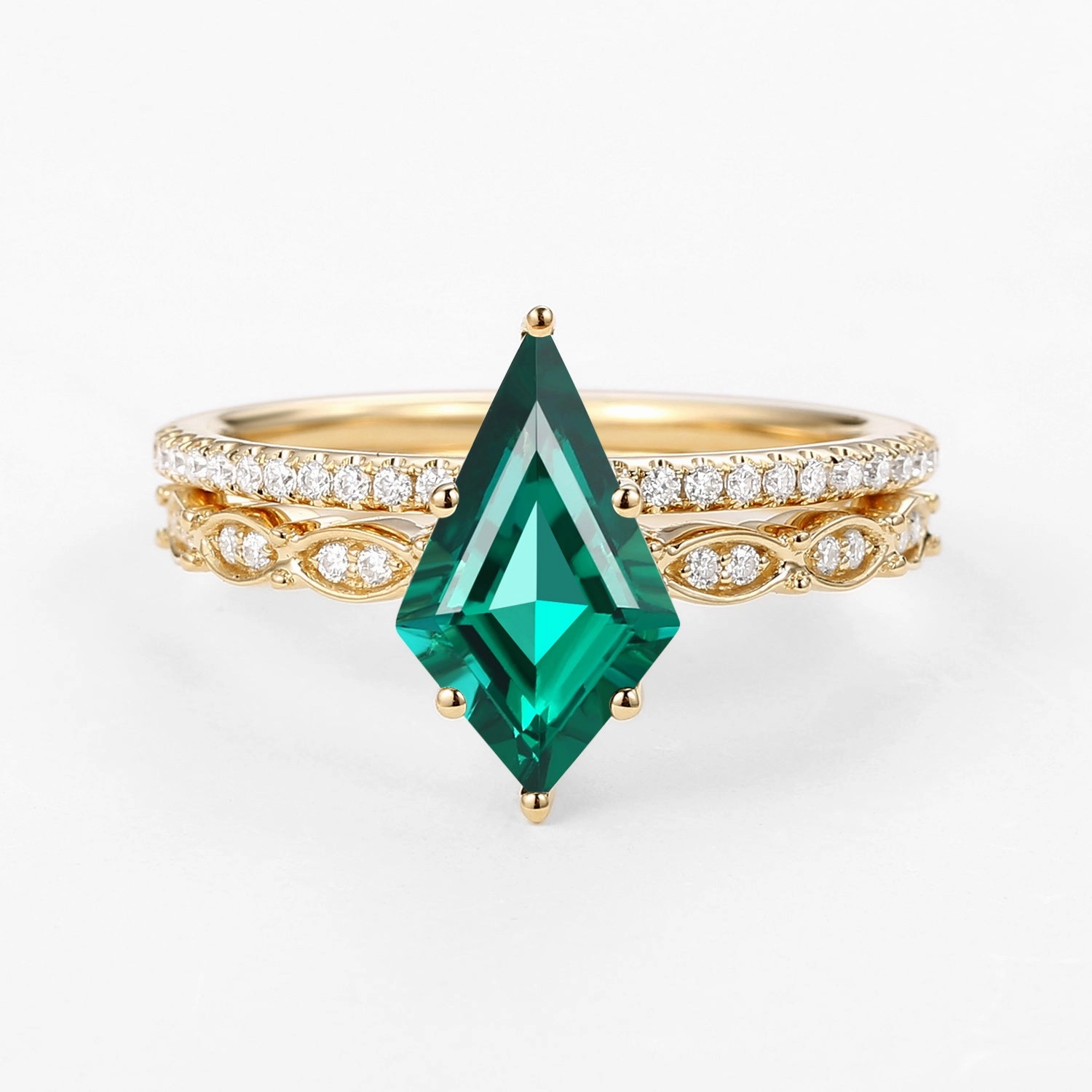 Celebration Look Warm Light Green Kite Cut Lab Emerald Engagement Ring with Straight Band Set 2pcs