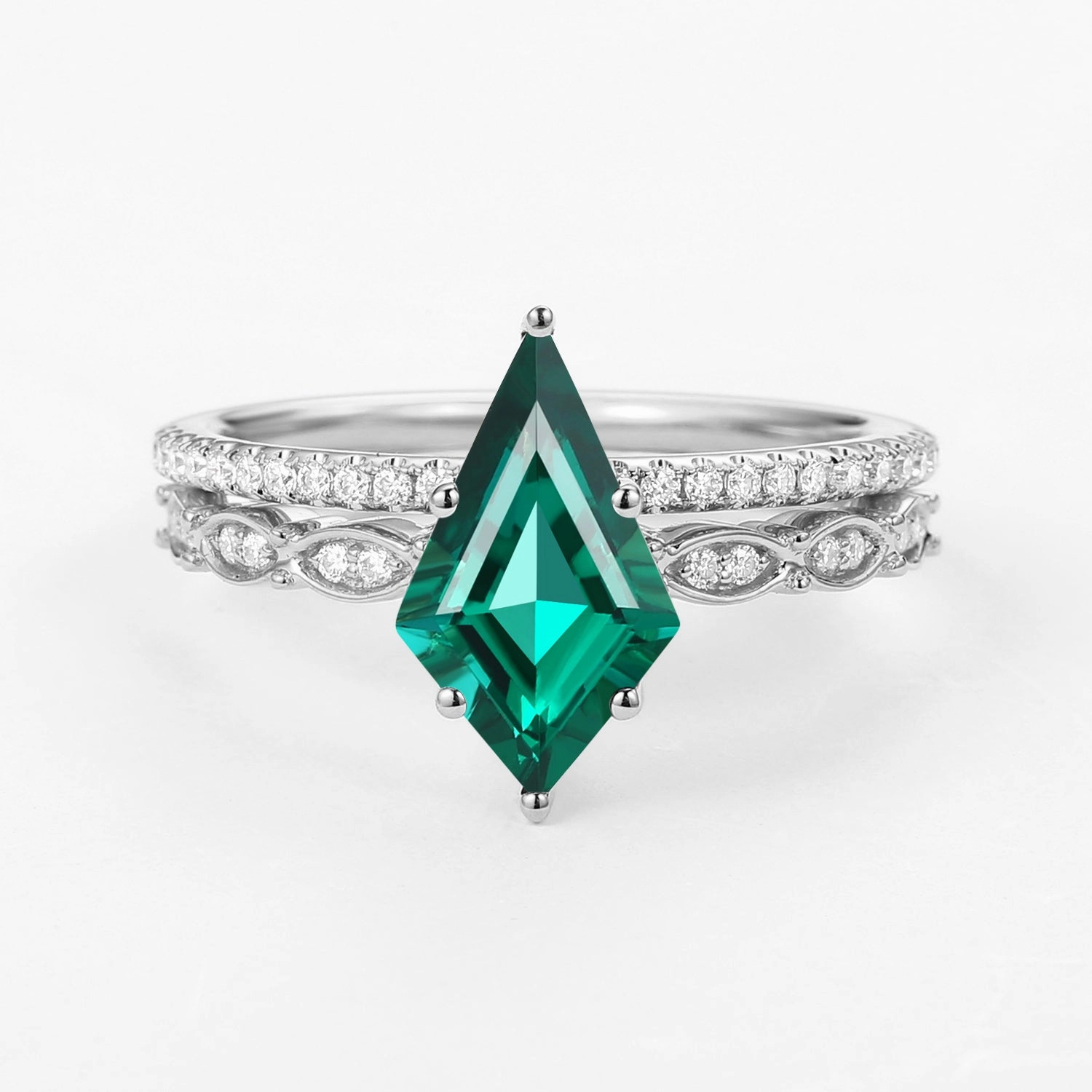 Shining Sparkle Shimmering Touch Green Kite Cut Lab Emerald Engagement Ring with Straight Band Set 2pcs