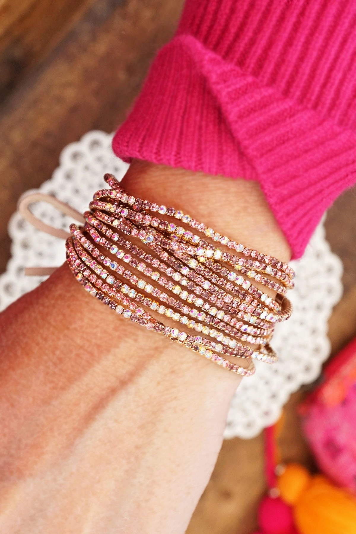 Stretchy Bracelets Stack with Rhinestones in Pinks and Purple Quick Focus Standout Piece