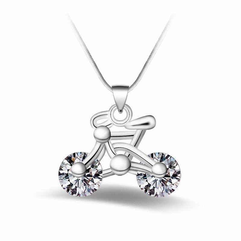 Beaded Strand Piece Cycolinks 925 sterling silver & Cubic Zirconia Bicycle Pendant Necklace