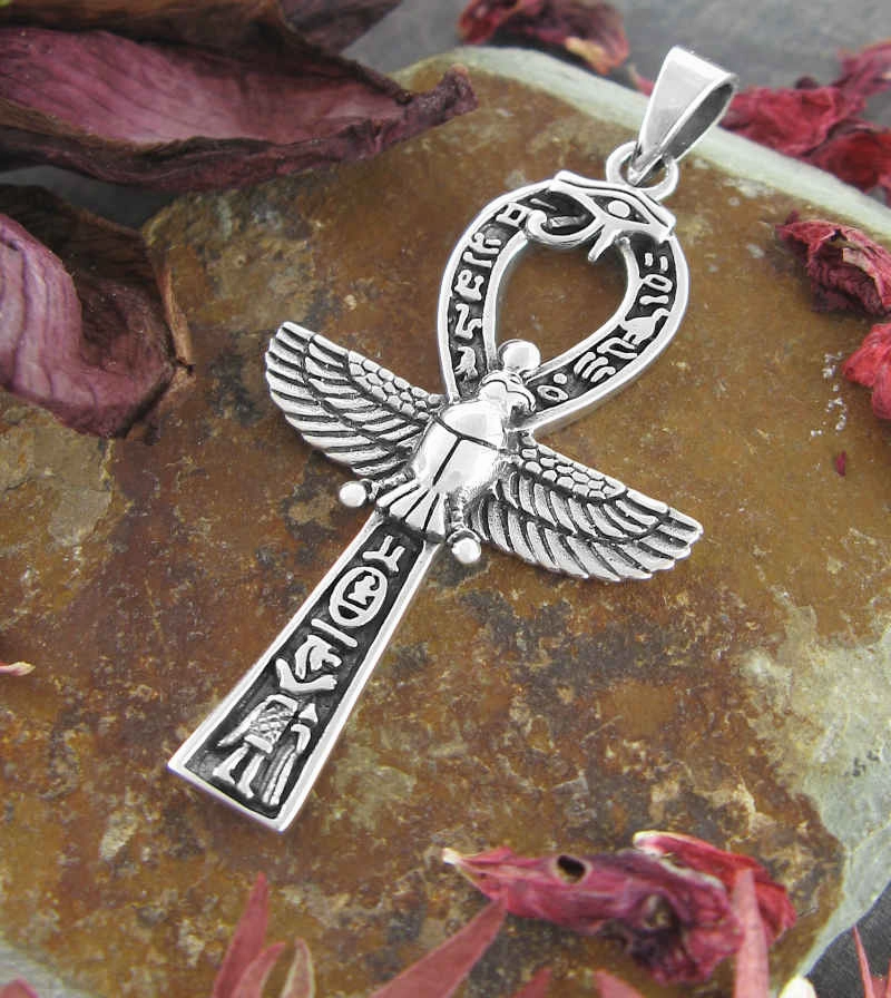 Ankh Symbol Pendant With Eye of Horus, Isis & Hieroglyphs Beautiful Piece Elegant Evening