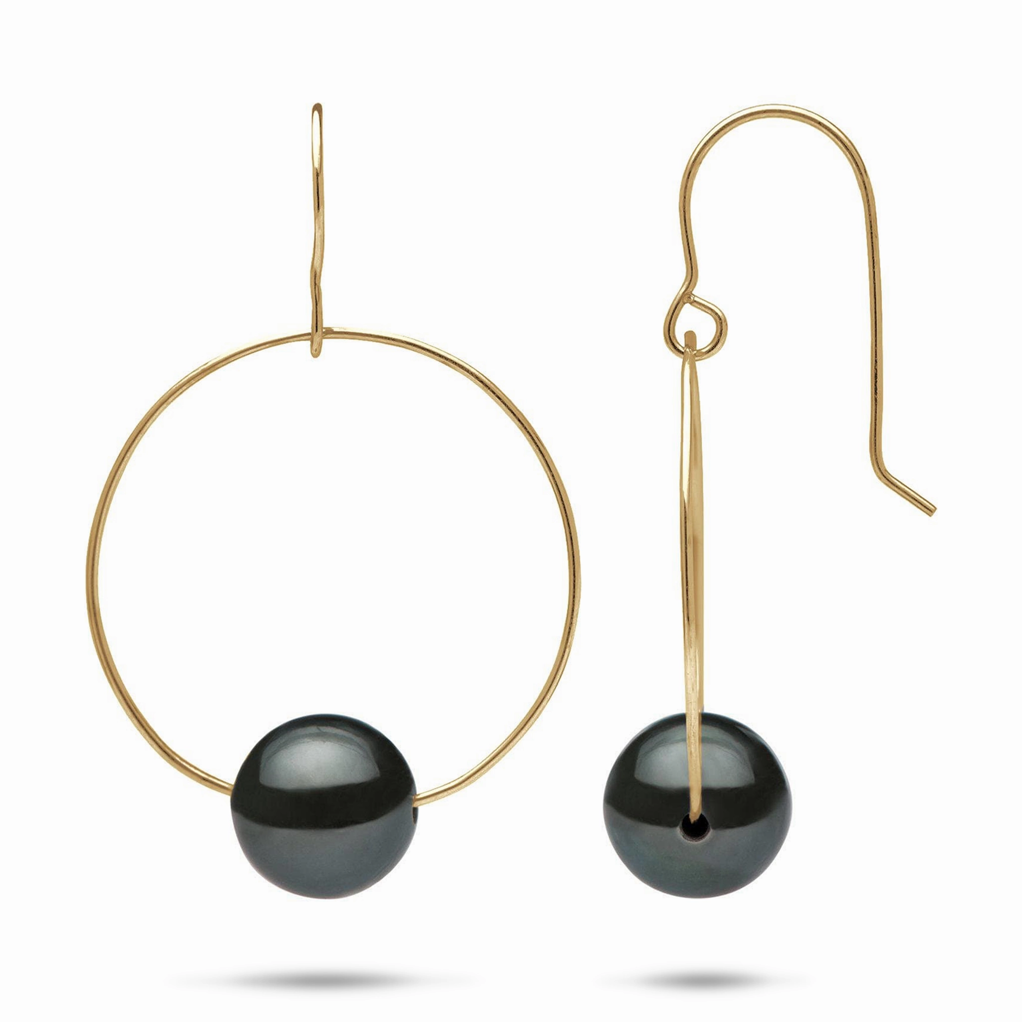 Tahitian Black Pearl Hoop Earrings in Gold - 9-10mm Sparkling Jewelry Design Wedding Gift