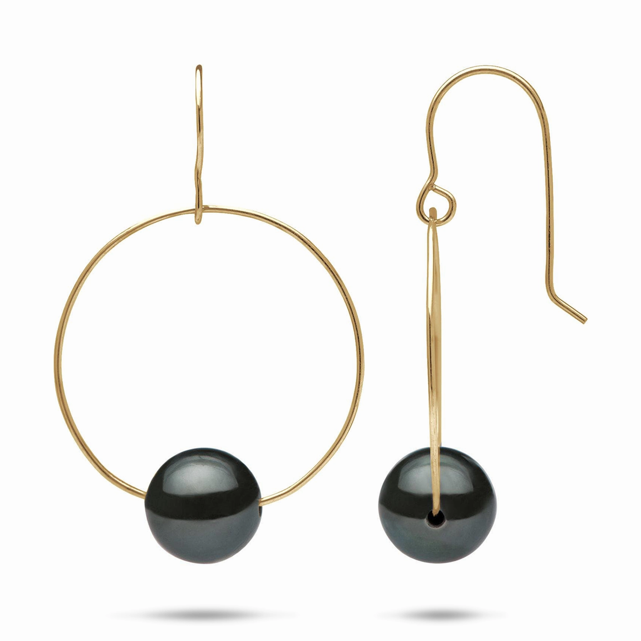 Understated Spark Bold Charm Tahitian Black Pearl Hoop Earrings in Gold - 9-10mm