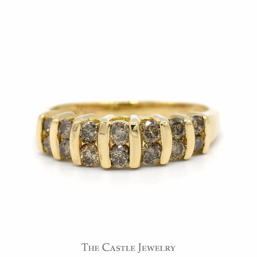 Low-Cost Gift Multi Row Channel Set Cocoa Diamond Cluster Band in 10k Yellow Gold