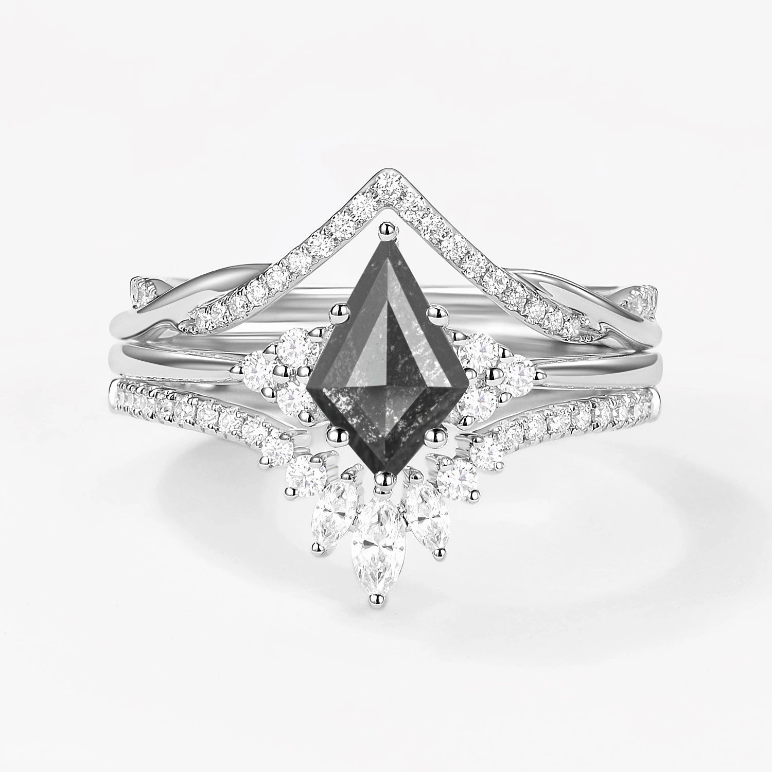 Layered Texture Kite Cut Salt and Pepper Diamonds Infinity Ring Set 3pcs