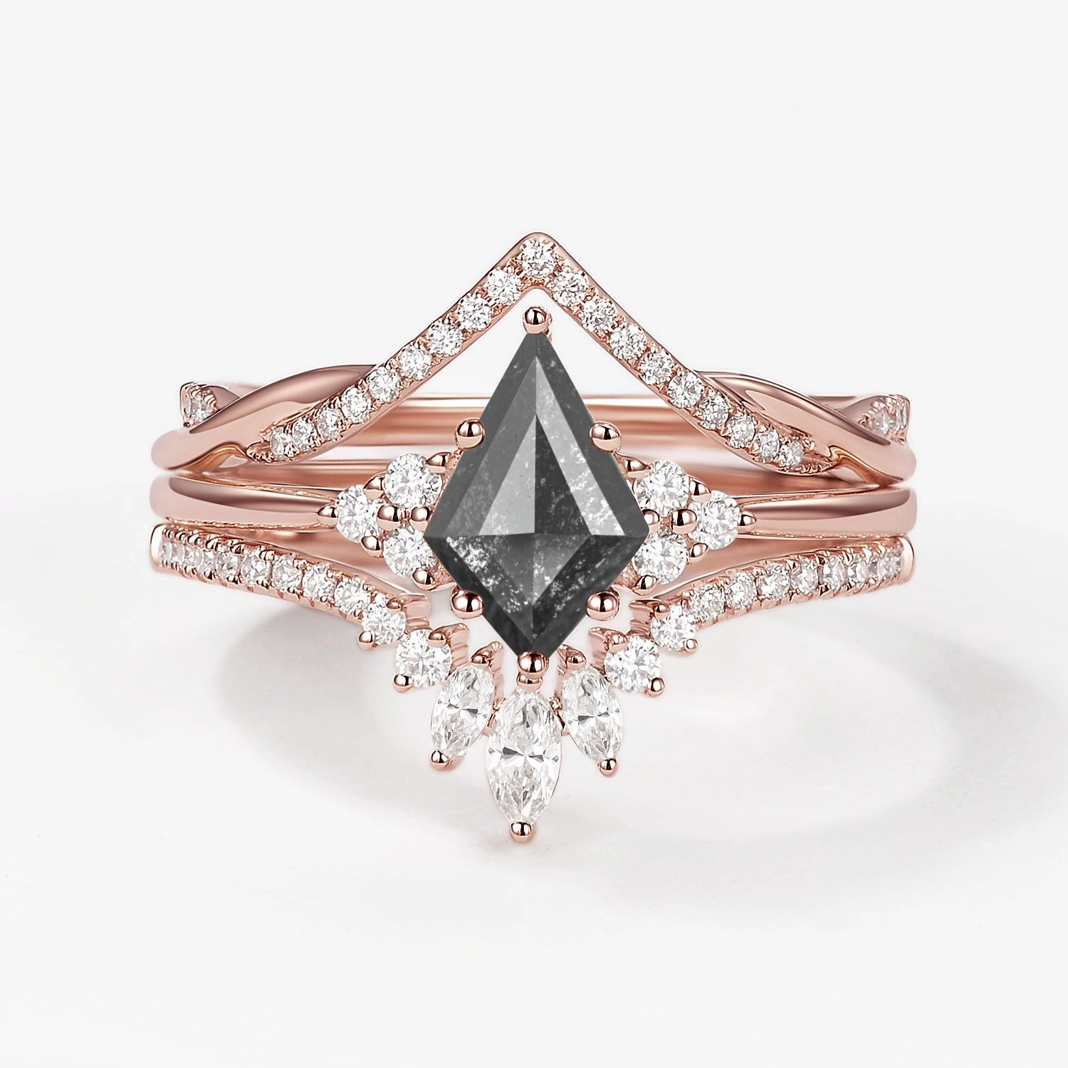 Kite Cut Salt and Pepper Diamonds Infinity Ring Set 3pcs Unique Detail Artistic Flair