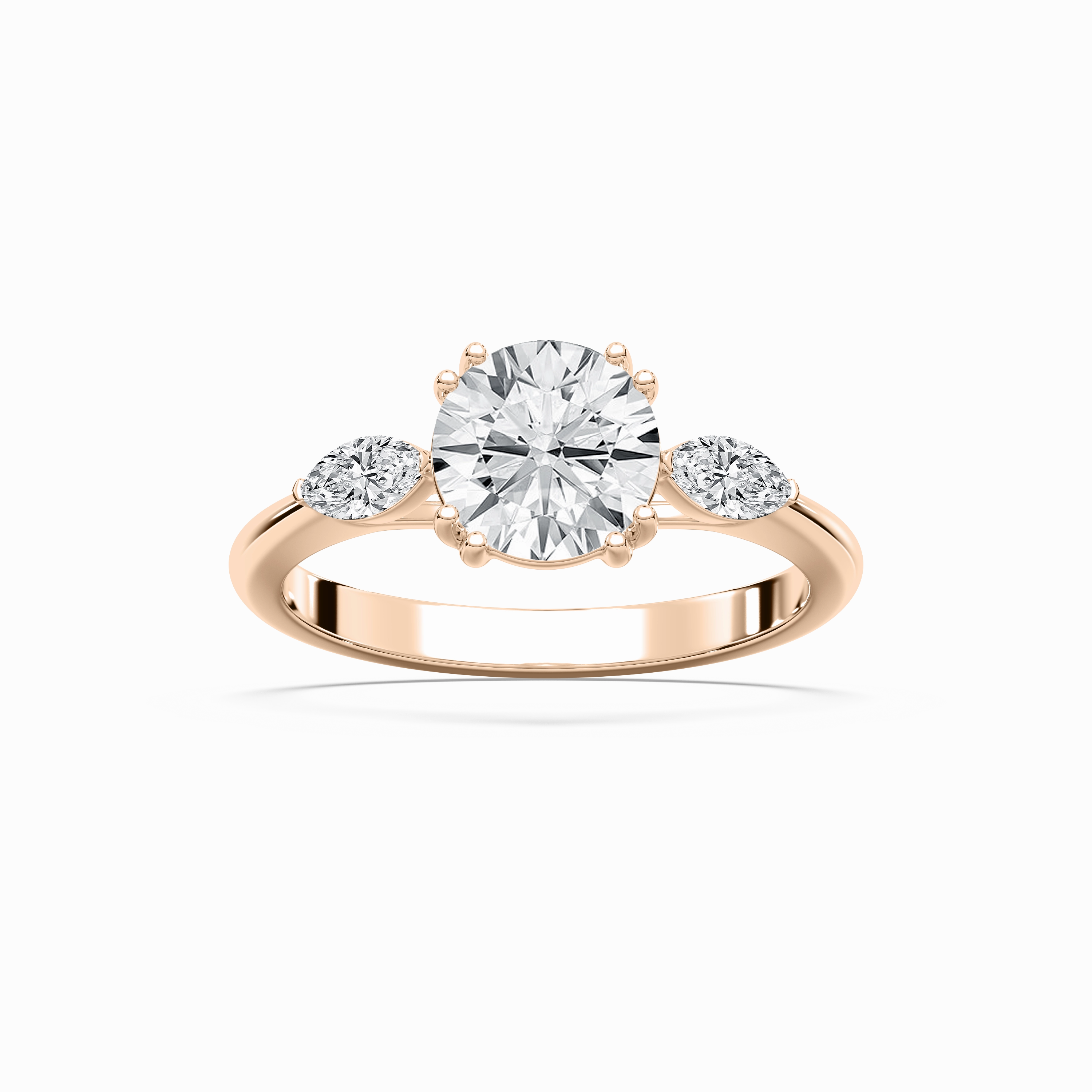 Minimal Detail Mirha Round Lab Grown Diamond with Marquise Sides Three Stone Engagement Ring