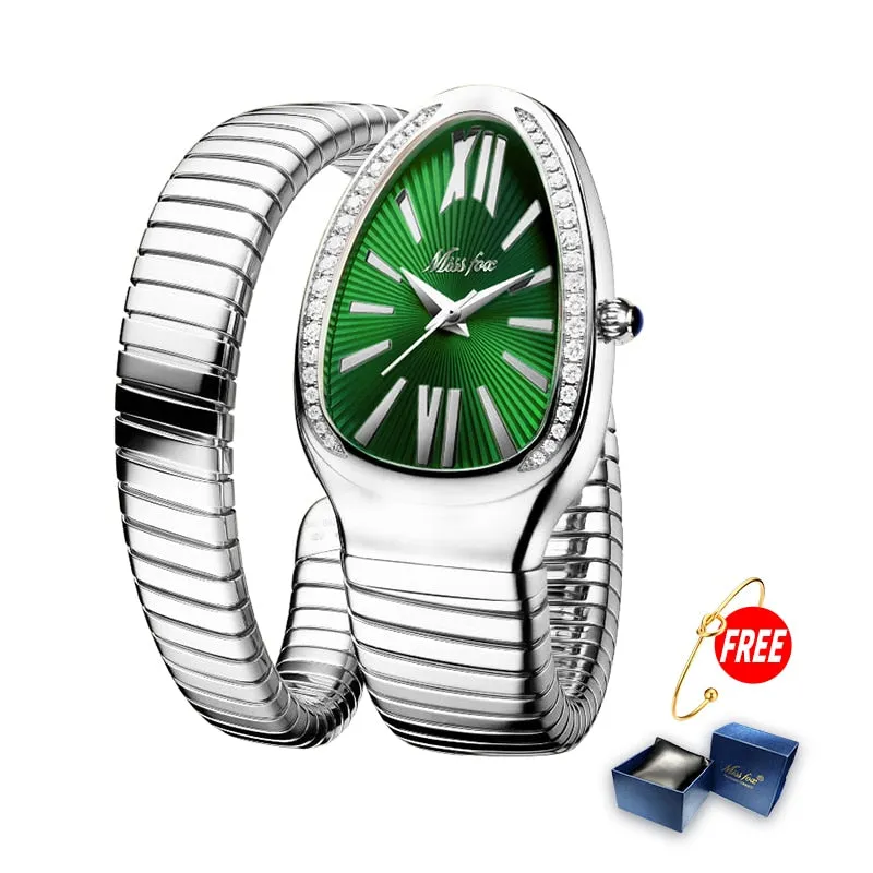 MISSFOX Women&#39;s Watches Snake Shape Luxury Wrist Watch For Women Steel Unique Gold Quartz Ladies Watch Clock Relogio Feminino