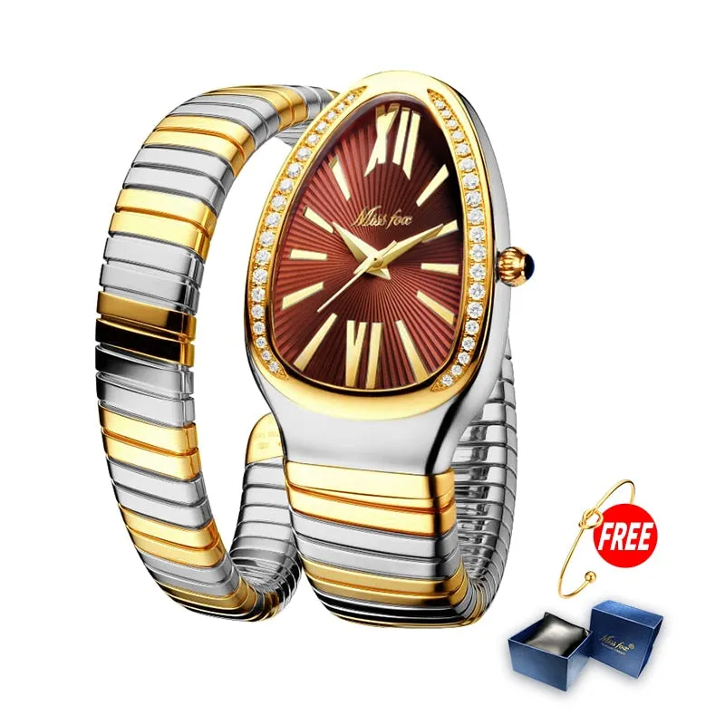 MISSFOX Women&#39;s Watches Snake Shape Luxury Wrist Watch For Women Steel Unique Gold Quartz Ladies Watch Clock Relogio Feminino