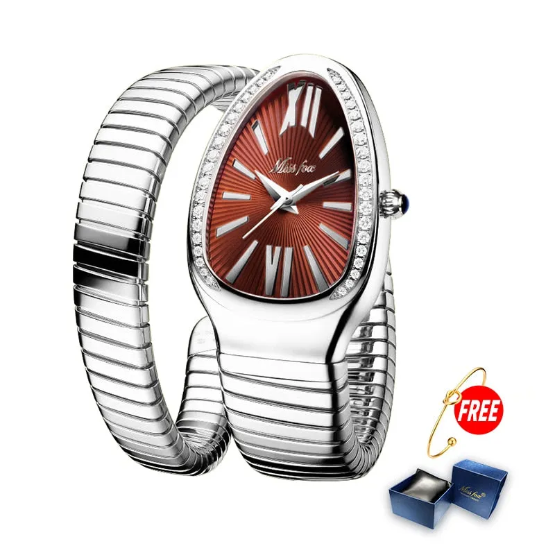 MISSFOX Women&#39;s Watches Snake Shape Luxury Wrist Watch For Women Steel Unique Gold Quartz Ladies Watch Clock Relogio Feminino