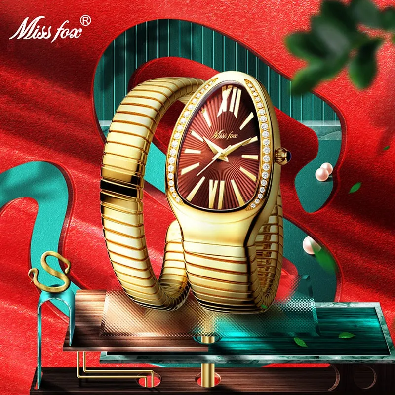 MISSFOX Women&#39;s Watches Snake Shape Luxury Wrist Watch For Women Steel Unique Gold Quartz Ladies Watch Clock Relogio Feminino