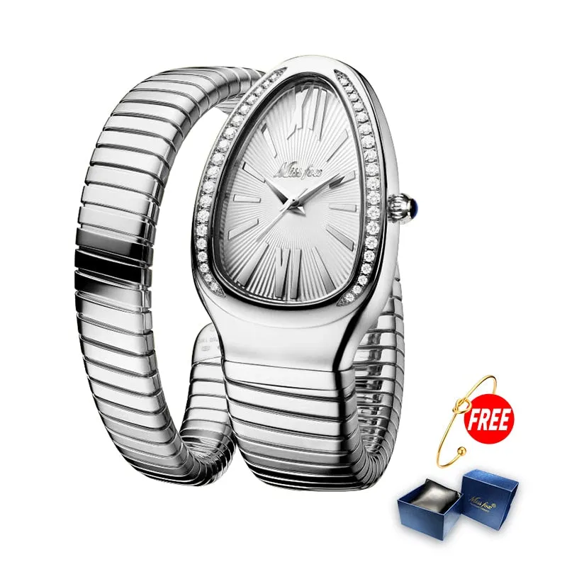 MISSFOX Women&#39;s Watches Snake Shape Luxury Wrist Watch For Women Steel Unique Gold Quartz Ladies Watch Clock Relogio Feminino