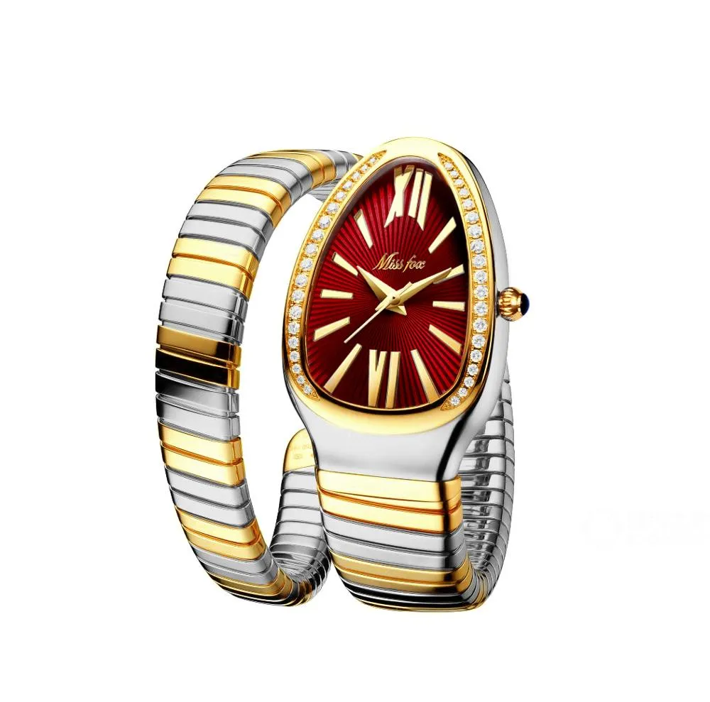 MISSFOX Women&#39;s Watches Snake Shape Luxury Wrist Watch For Women Steel Unique Gold Quartz Ladies Watch Clock Relogio Feminino