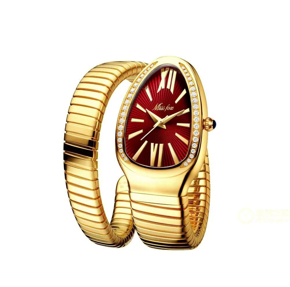 MISSFOX Women&#39;s Watches Snake Shape Luxury Wrist Watch For Women Steel Unique Gold Quartz Ladies Watch Clock Relogio Feminino