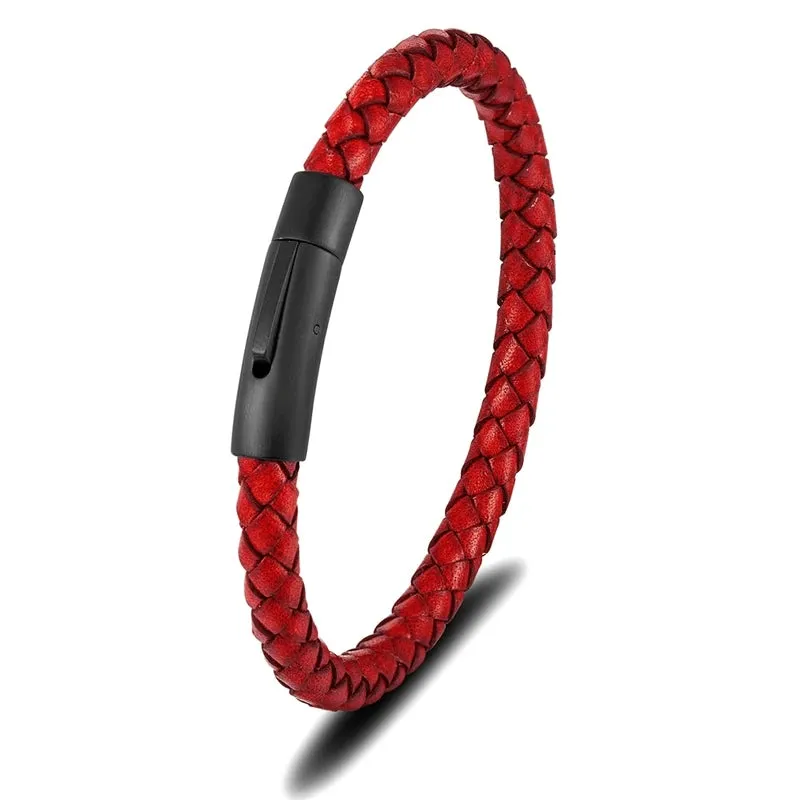 MKENDN Minimalist Men Genuine Braided Blue Leather Bracelet Matte Black Stainless Steel Magnetic Buckle Jewelry Homme Pulseras