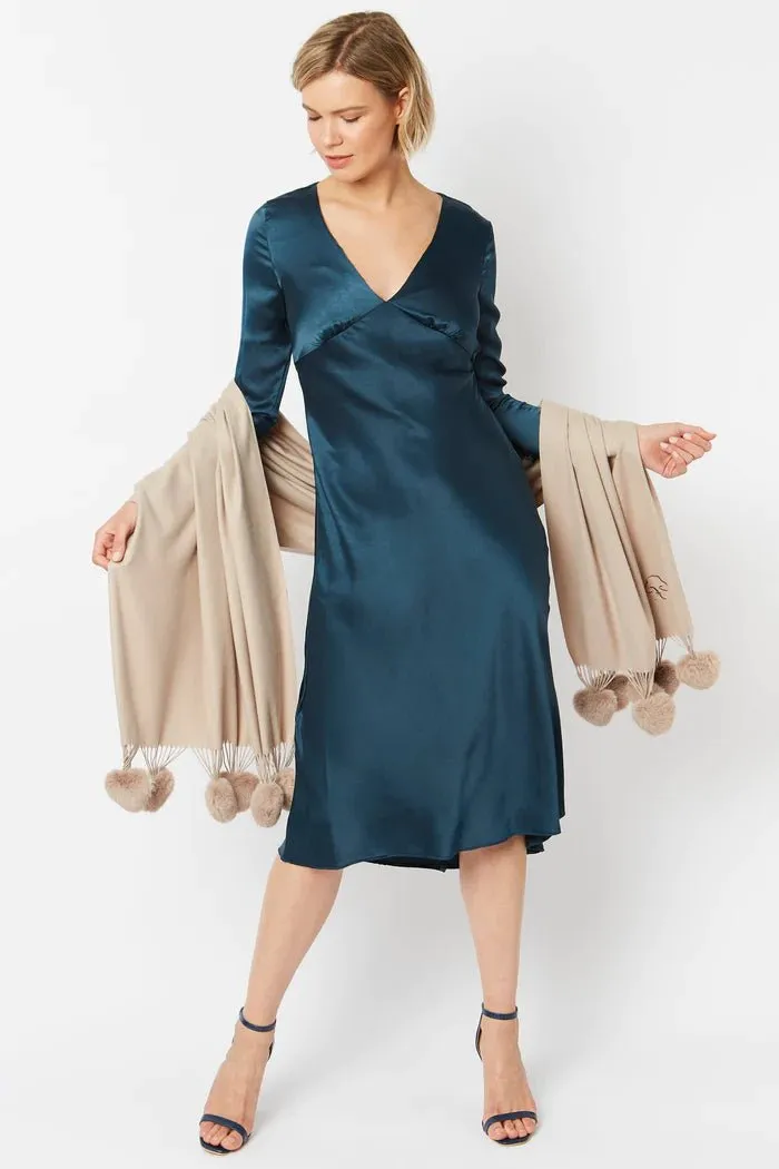 Mocha Cashmere Blend Wrap With Heart Pom Poms