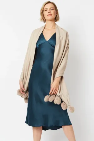 Mocha Cashmere Blend Wrap With Heart Pom Poms