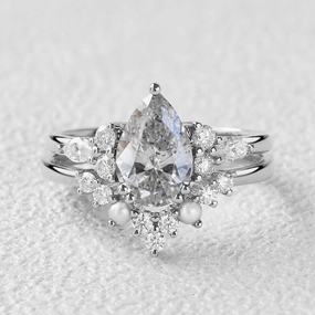 Timeless Fit Timeless Presence Pear Shaped Salt and Pepper Diamonds & Pearl Ring Set 2pcs