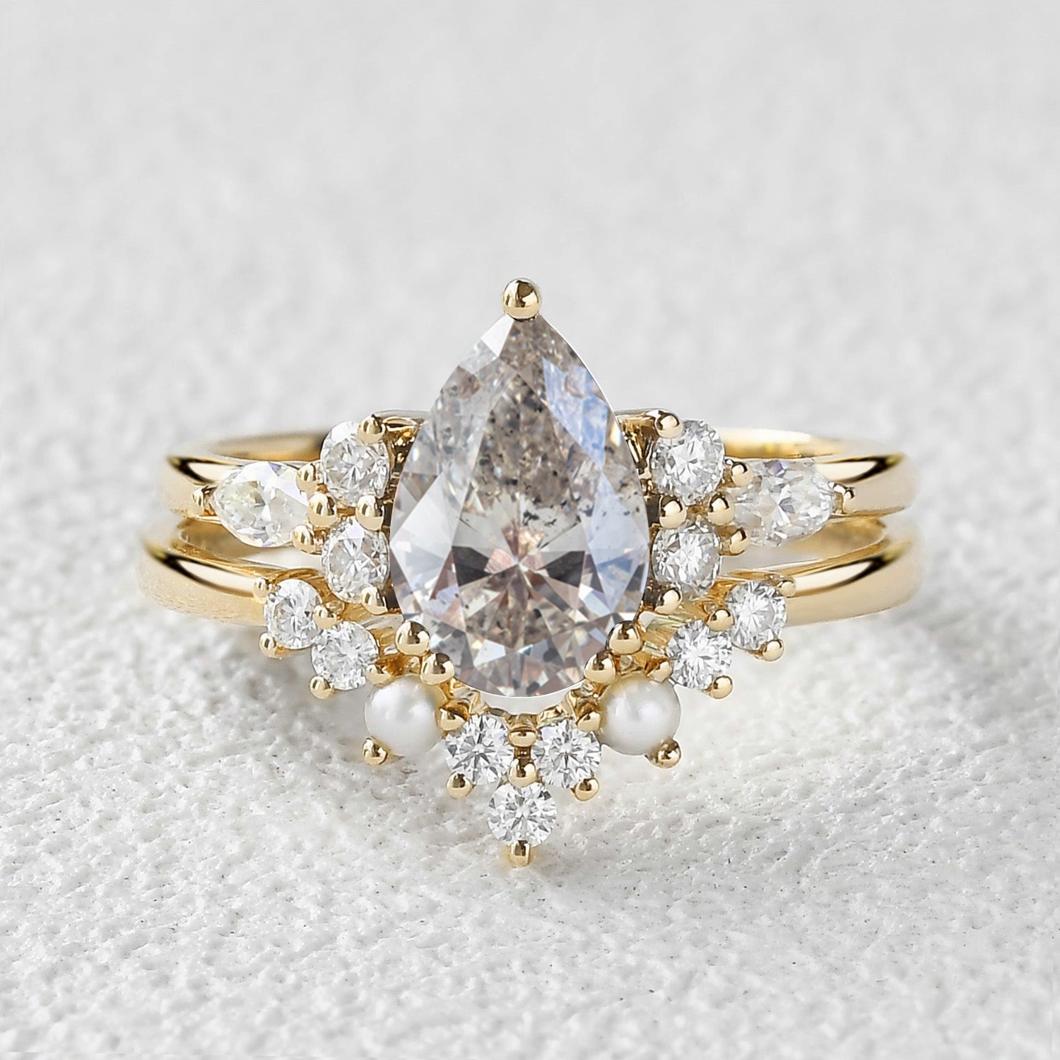 Pear Shaped Salt and Pepper Diamonds & Pearl Ring Set 2pcs Handcrafted Art Eye-Catching Craft