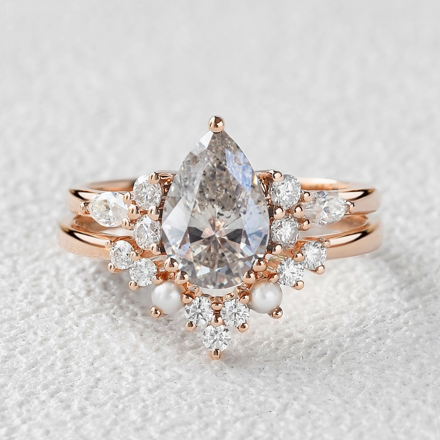 Pear Shaped Salt and Pepper Diamonds & Pearl Ring Set 2pcs Stylish Moment Seasonal Trend