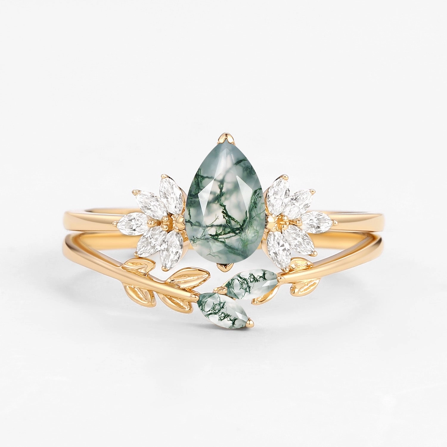 Sleek Look Handcrafted Touch Pear Cut Moss Agate Leafy Forest Elves Engagement Ring Set 2pcs - Amayah