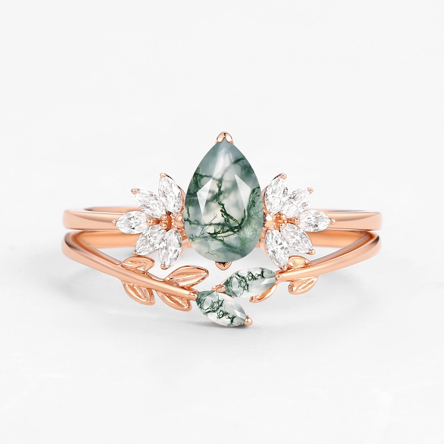 Pear Cut Moss Agate Leafy Forest Elves Engagement Ring Set 2pcs - Amayah Trendy Spark