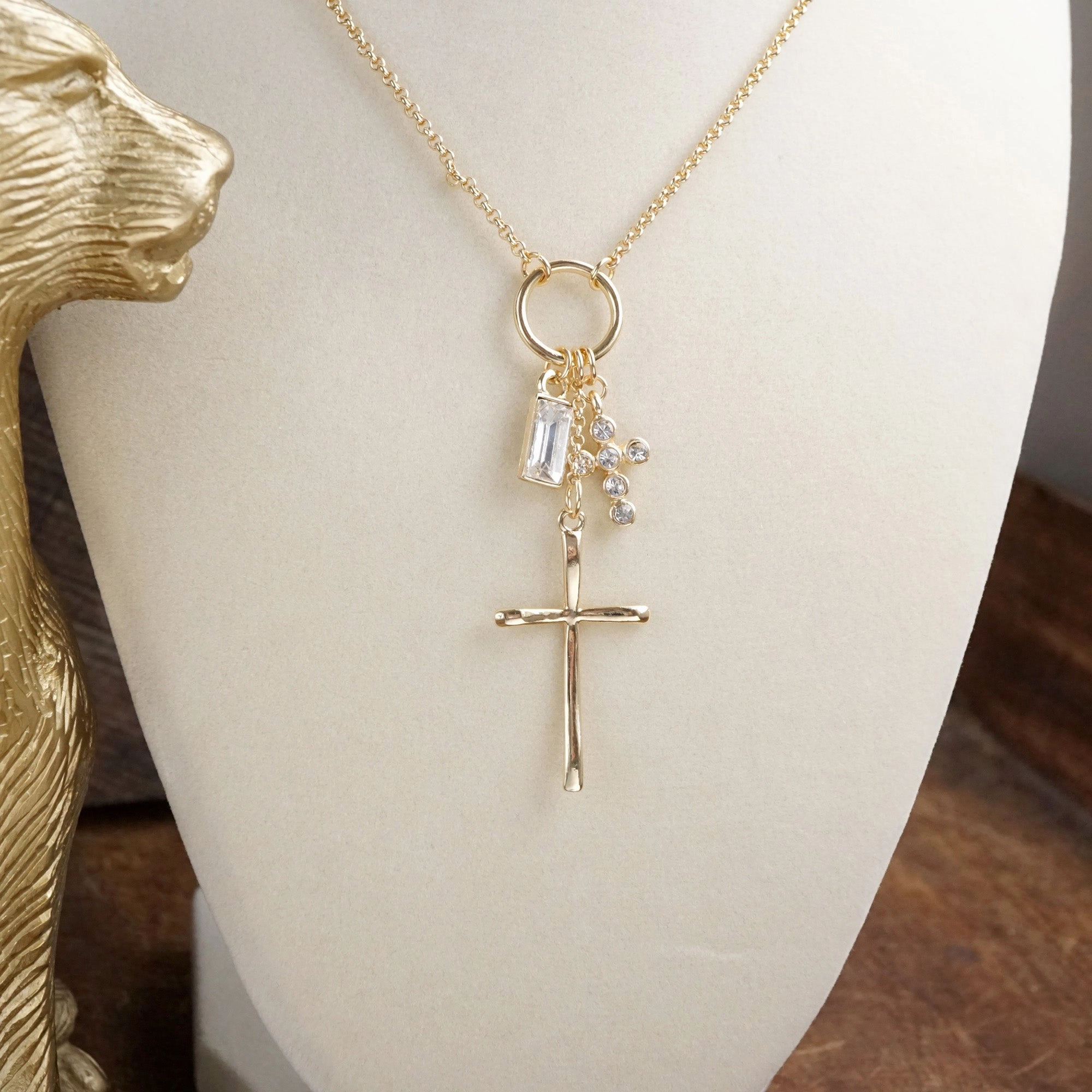 Chic Edge Dainty Cross Charm Cluster Necklace ?C Gold Tone