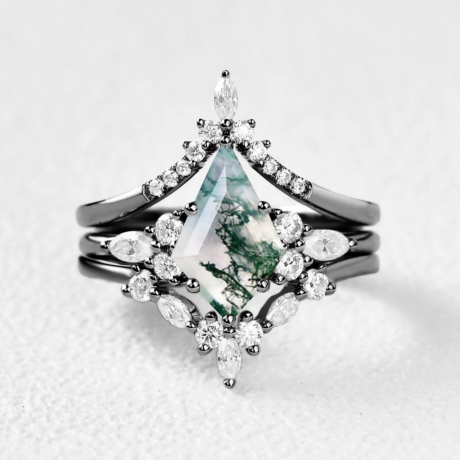 Black Gold Unique Kite Cut Moss Agate Ring Set 3pcs - Kinsley Handcrafted Glam Subtle Edge