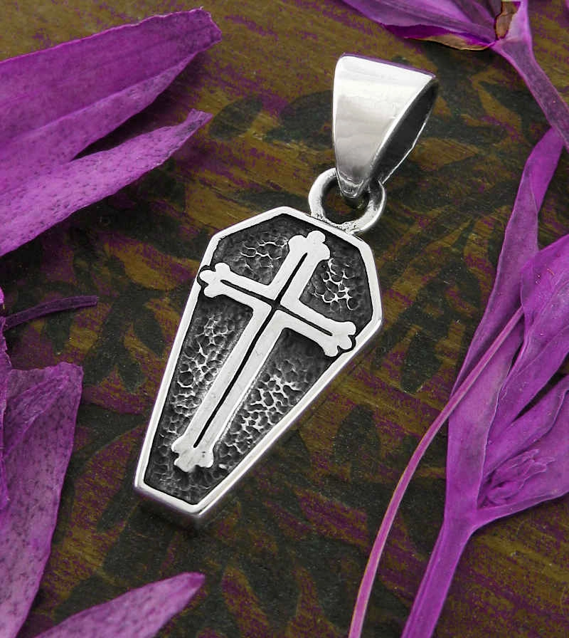 Denoting Adornment Coffin Pendant w/ Latin Cross, Oxidized