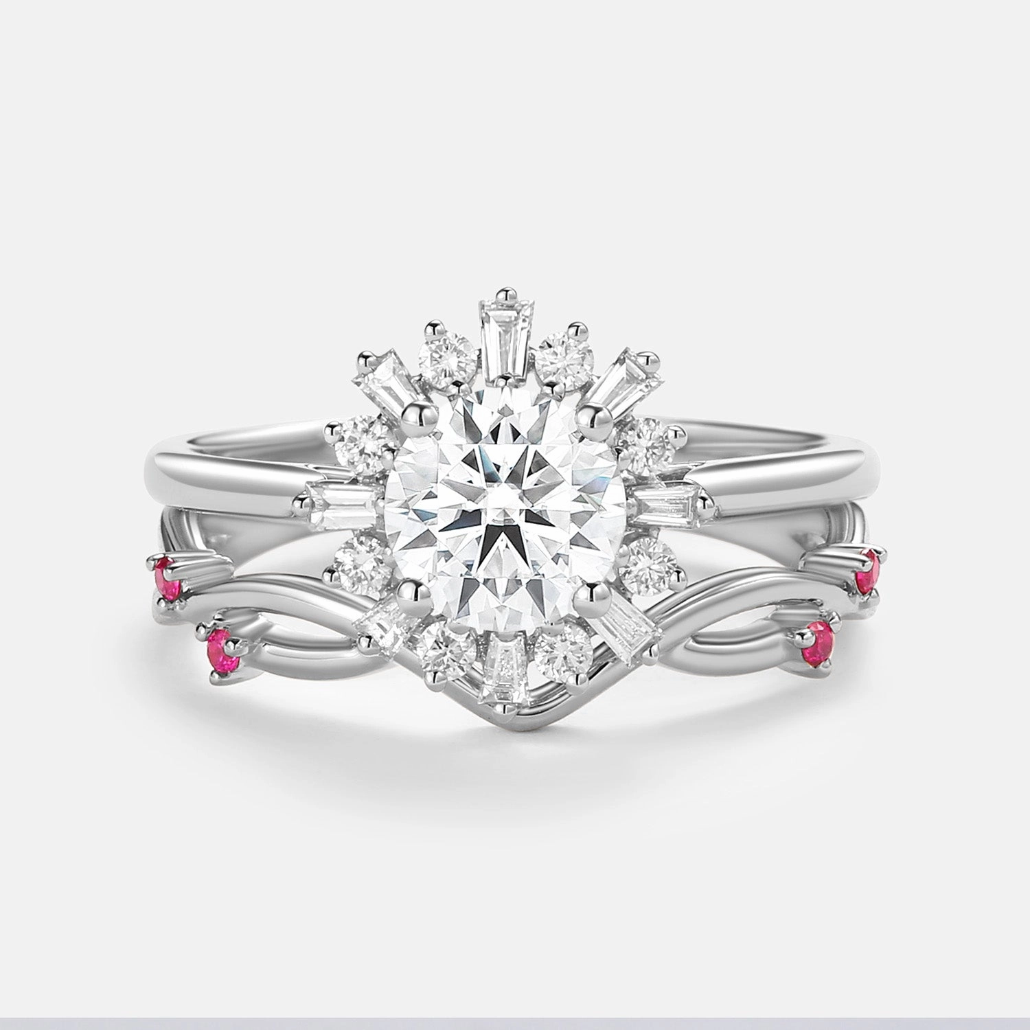 Round Moissanite & Ruby Halo Floral Ring Set 2pcs - Sol Contemporary Form