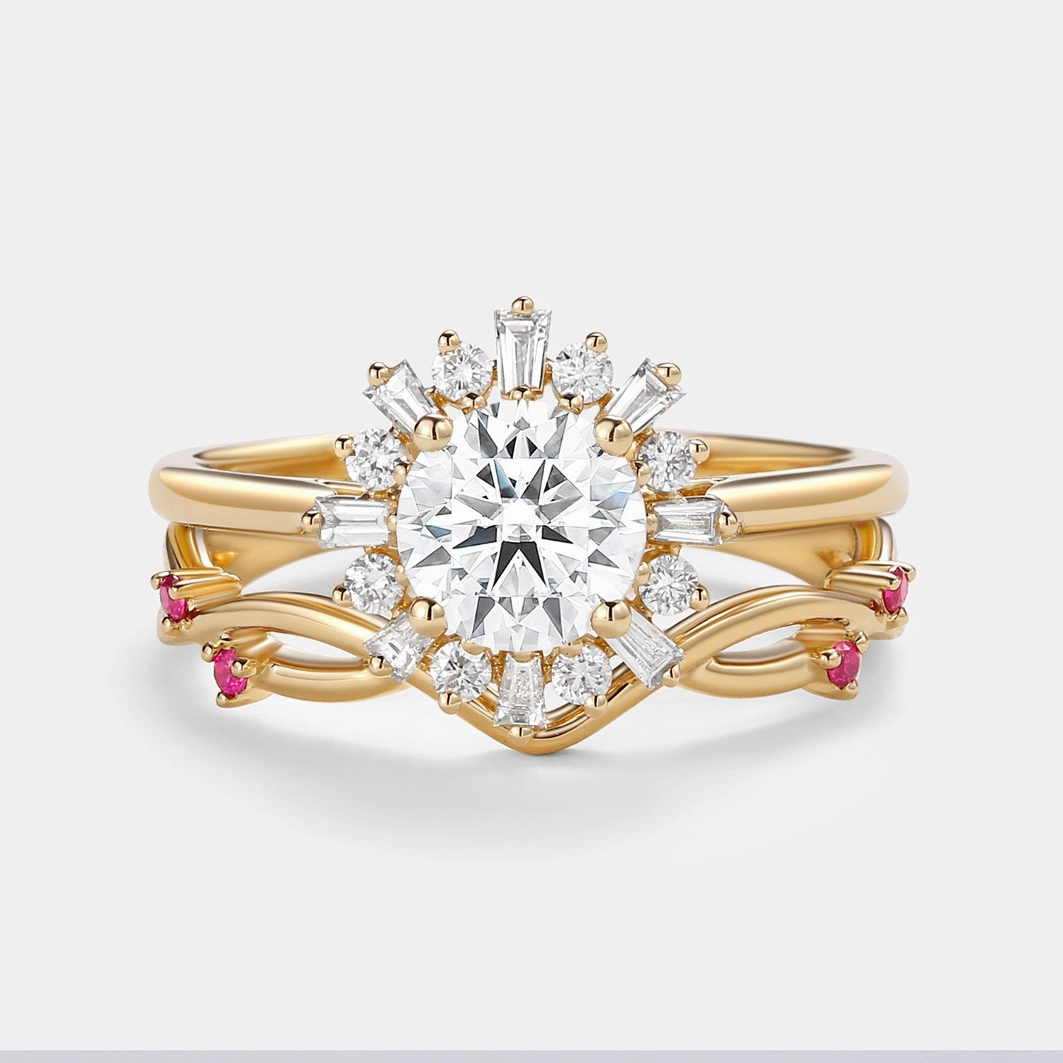 Round Moissanite & Ruby Halo Floral Ring Set 2pcs - Sol Elegant Pieces