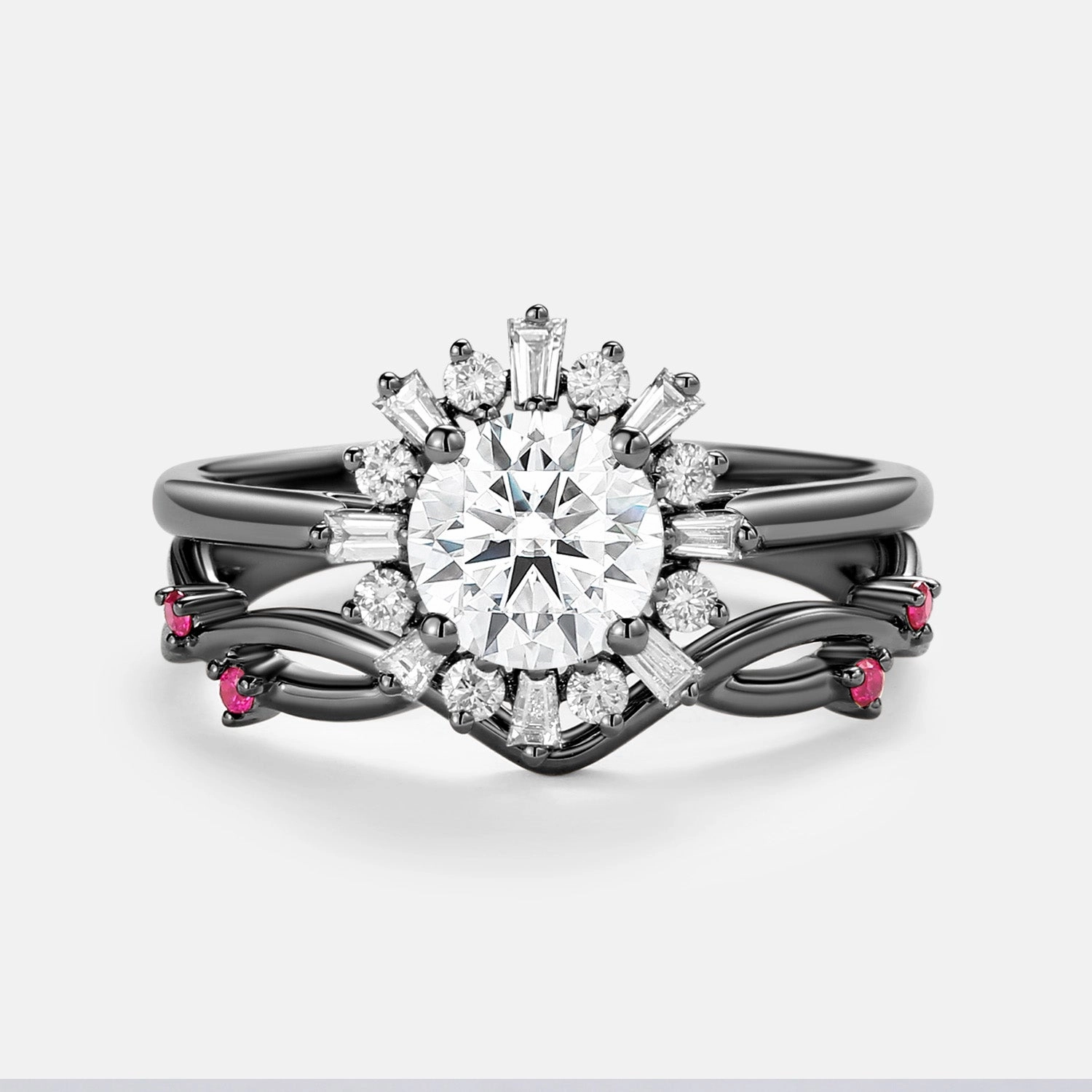 Round Moissanite & Ruby Halo Floral Ring Set 2pcs - Sol All Day Look