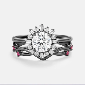 Round Moissanite & Ruby Halo Floral Ring Set 2pcs - Sol All Day Look