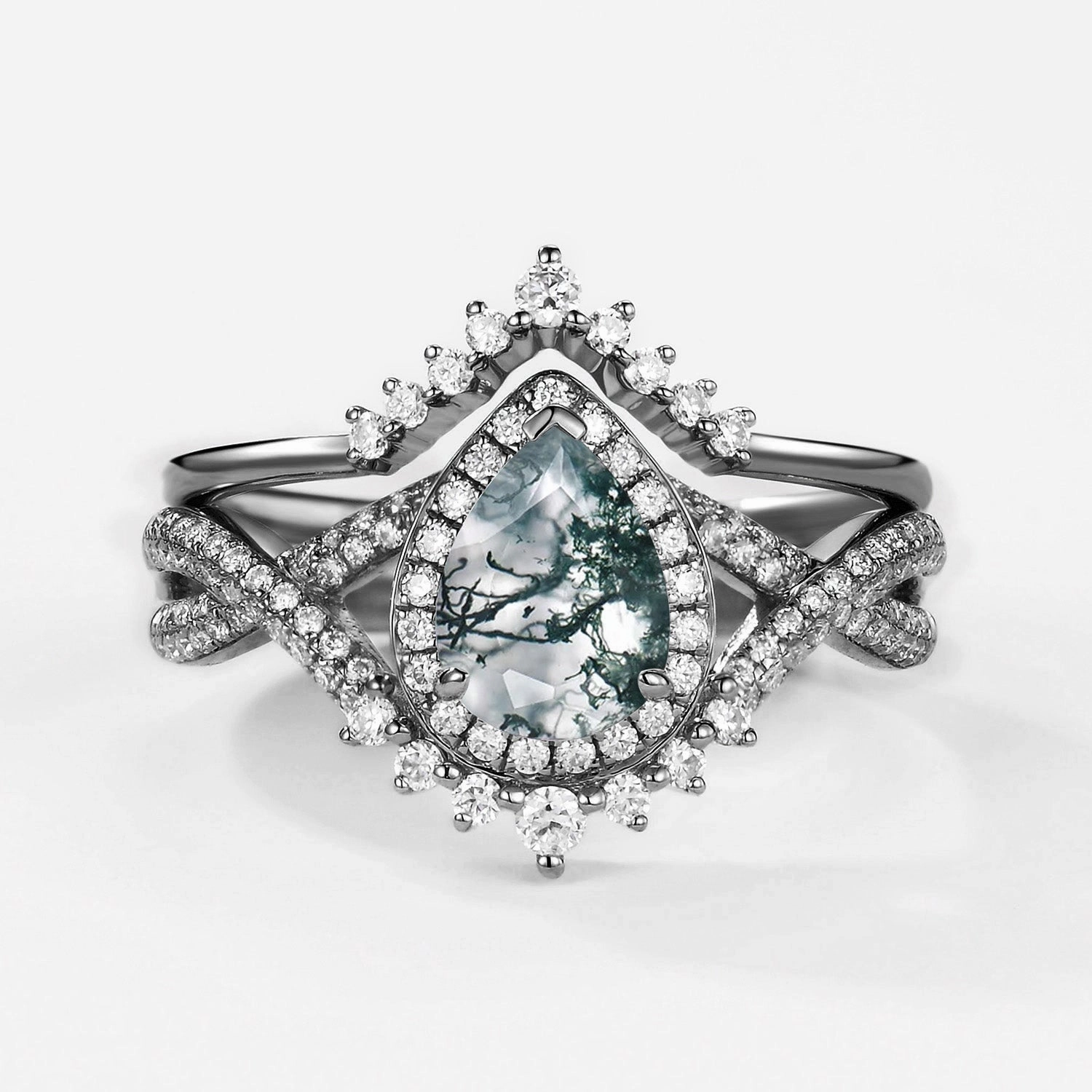 Black Gold Pear Moss Agate Halo Infinity Ring Set 2pcs - Valentina Daily Essentials