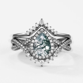 Black Gold Pear Moss Agate Halo Infinity Ring Set 2pcs - Valentina Glow Up Look Neutral Spark