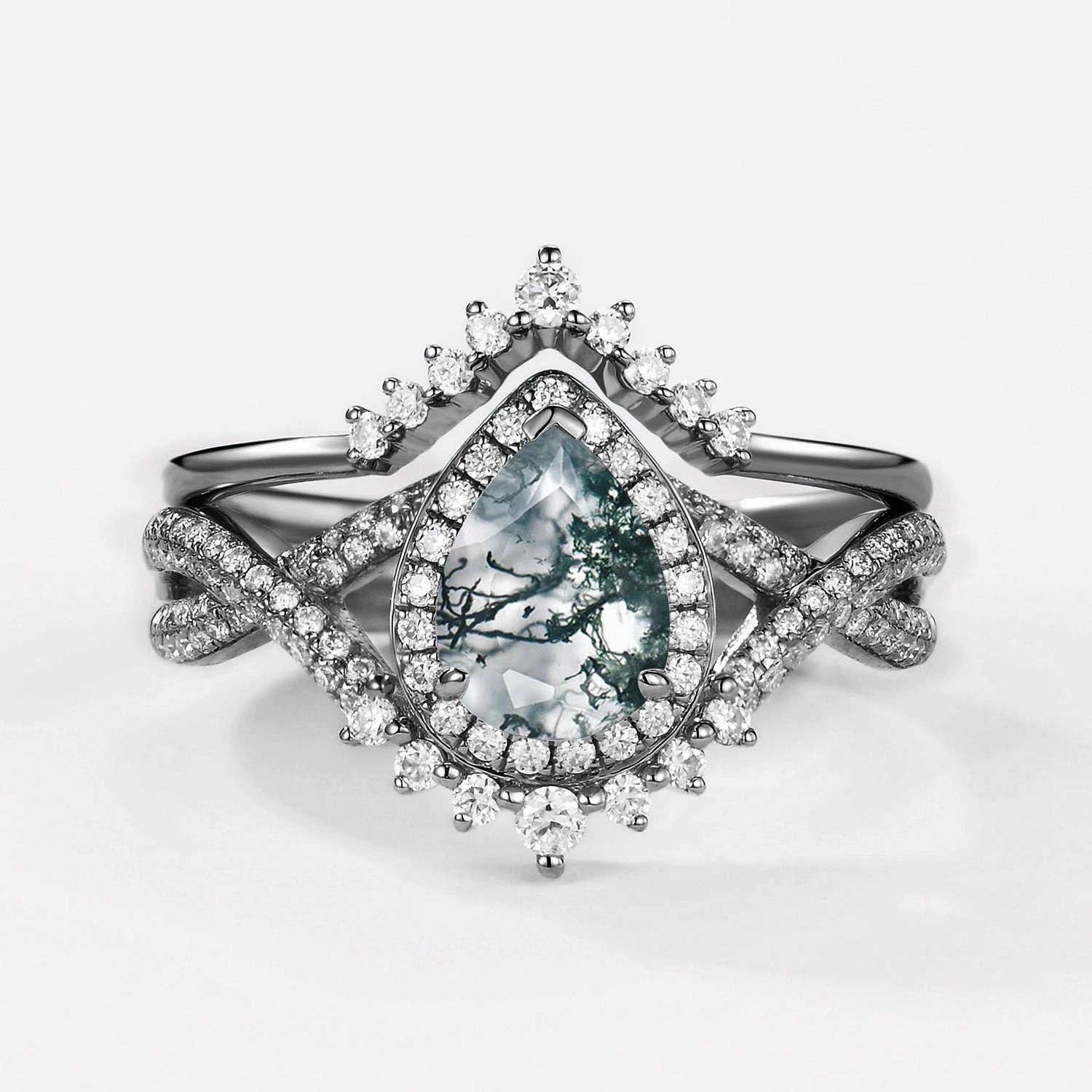 Black Gold Pear Moss Agate Halo Infinity Ring Set 2pcs - Valentina Finest Touch