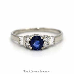 Round Sapphire Ring with Baguette and Round Diamond Accented Sides in 14k White Gold Chic Work Party Ready