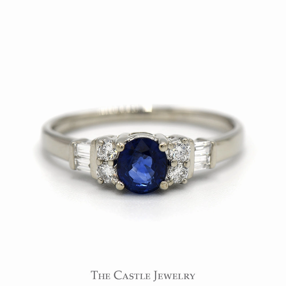 Round Sapphire Ring with Baguette and Round Diamond Accented Sides in 14k White Gold Chic Work Party Ready