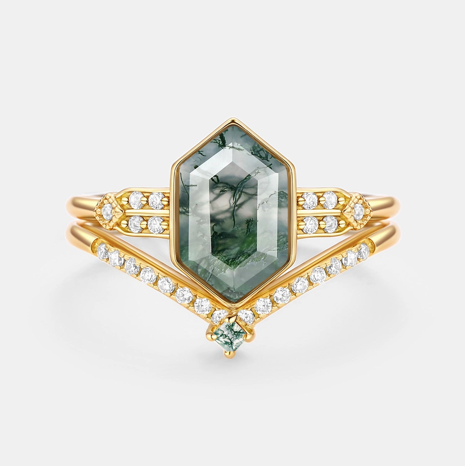 Long Hexagon Moss Agate Minimalist Bridal Ring Set 2pcs - Nocturne Statement Accessory Office Wear