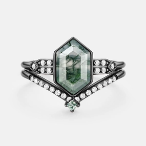 Long Hexagon Moss Agate Minimalist Bridal Ring Set 2pcs - Nocturne Pure Highlight Handmade Details