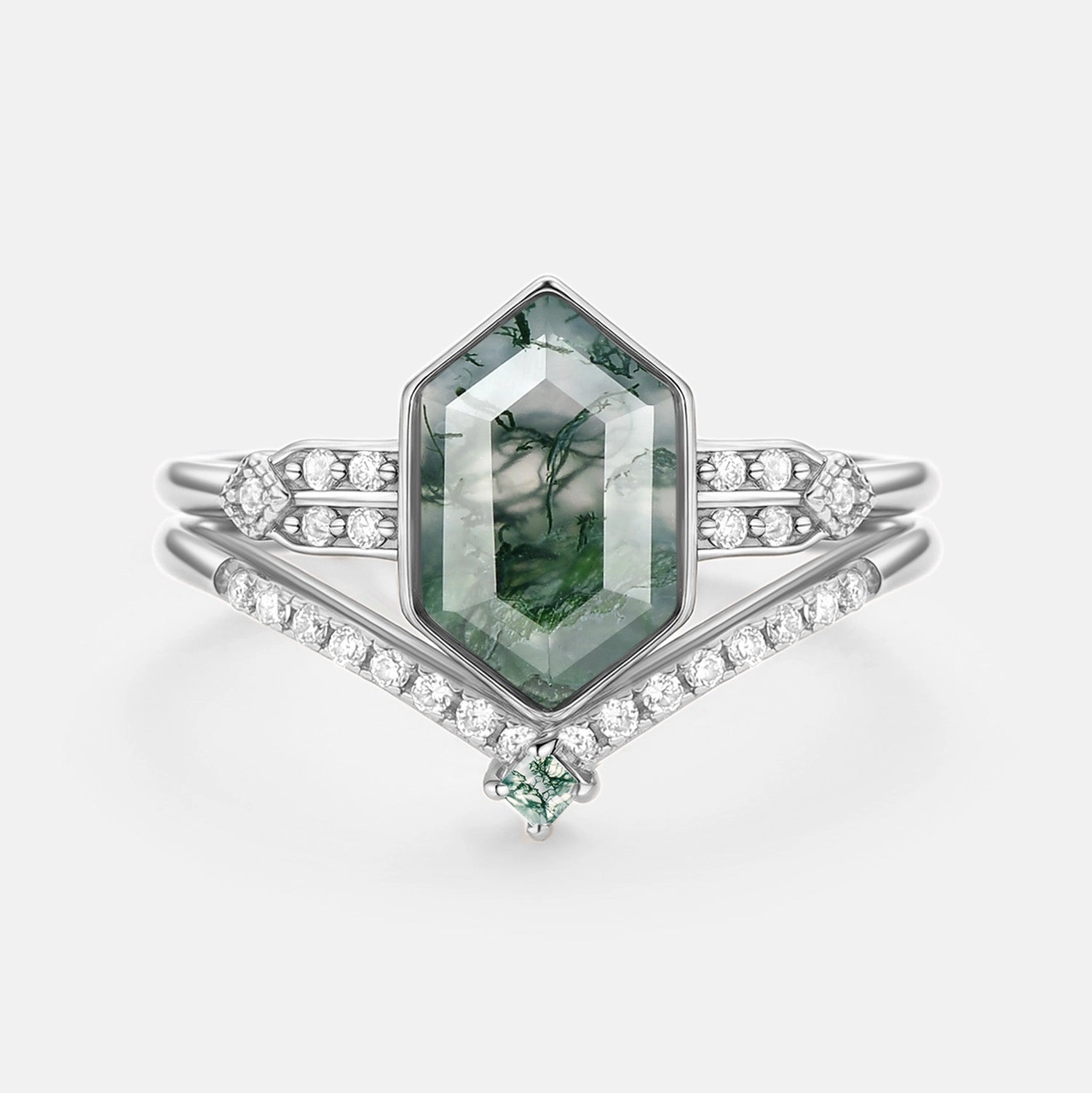 Sophisticated Gifts Simple Elegance Long Hexagon Moss Agate Minimalist Bridal Ring Set 2pcs - Nocturne