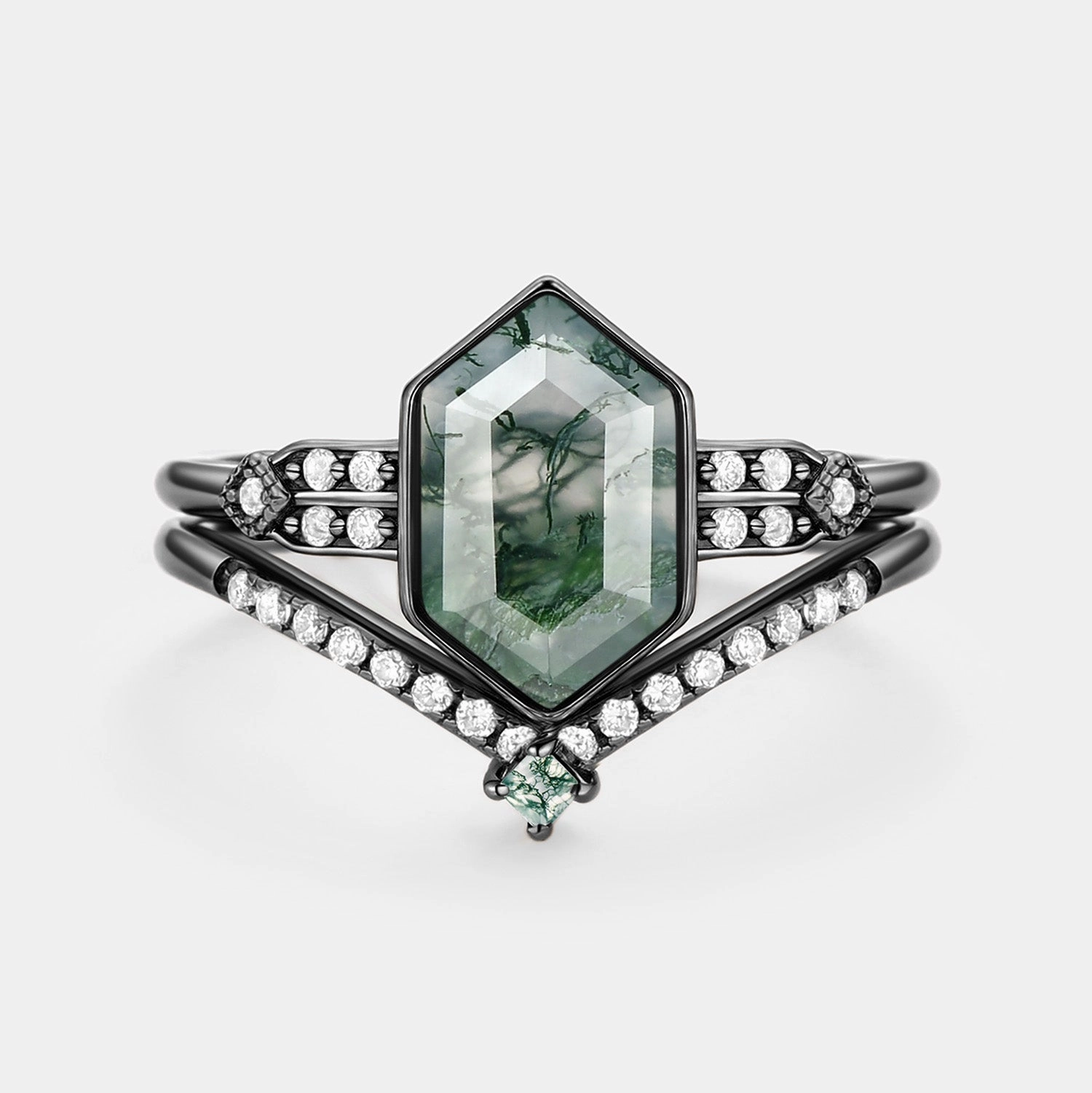 Long Hexagon Moss Agate Minimalist Bridal Ring Set 2pcs - Nocturne Pure Highlight Handmade Details