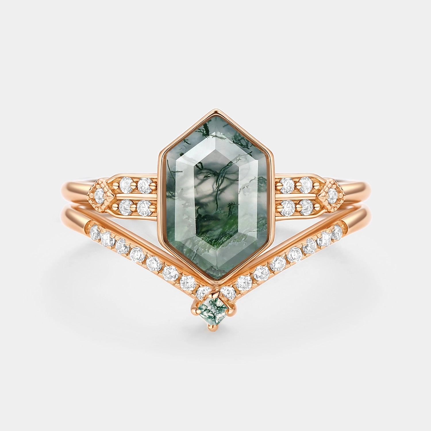 Trend Style Long Hexagon Moss Agate Minimalist Bridal Ring Set 2pcs - Nocturne